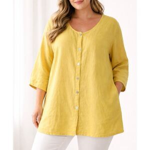 Match Point Linen Tunic Quarter Sleeve Oversized Lagenlook Button Front Yellow L
